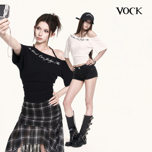 VOCK 随性街头 小心机辣妹挂脖斜肩短袖T恤收腰显瘦短款露肩上衣