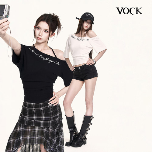 VOCK 随性街头 小心机辣妹挂脖斜肩短袖T恤收腰显瘦短款露肩上衣