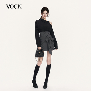 VOCK 千金特调 法式复古蝴蝶结拼接波点露肩修身显瘦衬衫连衣裙子