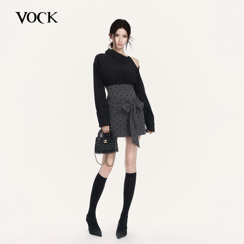 VOCK 千金特调 法式复古蝴蝶结拼接波点露肩修身显瘦衬衫连衣裙子
