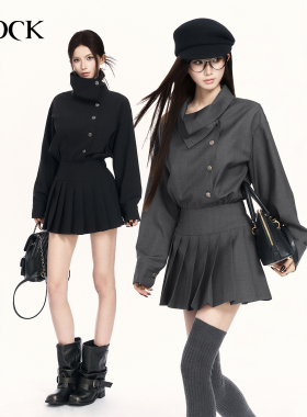 VOCK 英伦学院 早春复古气质翻领风衣式收腰百褶裙显瘦通勤连衣裙