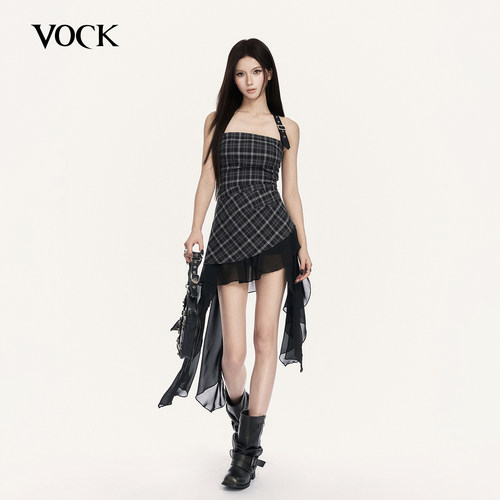 VOCK 浪漫攻势 设计感不规则荷叶挂脖抹胸露背格子上衣音乐节辣妹