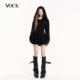 VOCK 暗黑加冕 辣妹秋冬设计感一字领连帽露肩加绒收腰显瘦卫衣裙