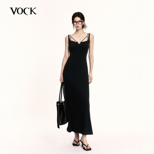 VOCK 智性松弛 气质设计感无袖吊带连衣裙修身显瘦遮胯假两件长裙