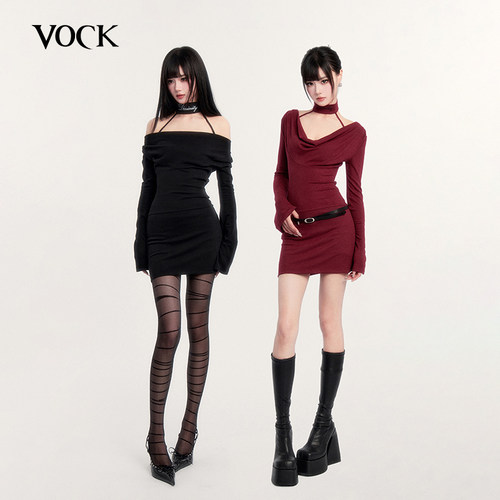 VOCK 暗黑缪斯 性感辣妹圣诞荡领项圈连衣裙修身显瘦弹力包臀裙子