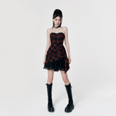 VOCK 叛逆浪漫 暗黑摇滚Nana年会红黑格设计感重工收腰显瘦连衣裙