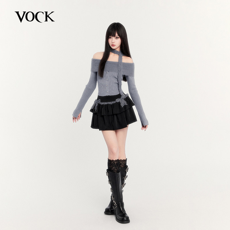 VOCK 微醺蓝调 纯欲气质少女蛋糕裙蕾丝蝴蝶结A字蓬蓬裙半身裙子