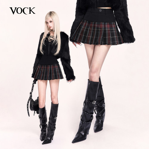 VOCK 涩谷辣妹 设计感假两件百褶半裙拼接格子显瘦新款短裙小个子