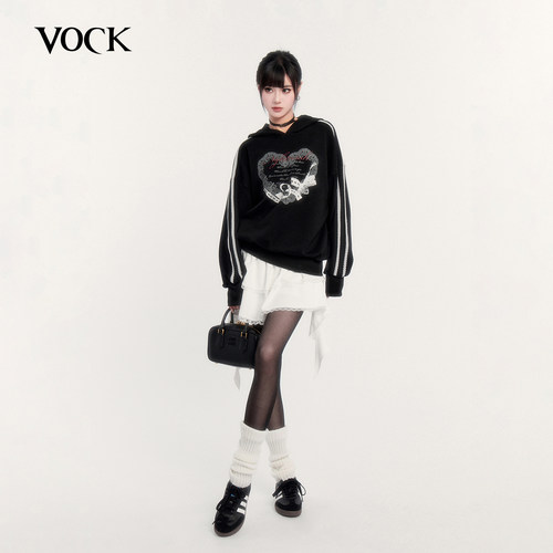 VOCK 甜酷期刊 美式运动辣妹休闲oversize印花连帽加绒长袖卫衣冬