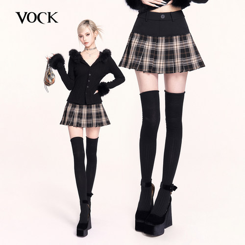 VOCK 涩谷辣妹 日系复古百搭假两件百褶裙子拼接格子显瘦半裙短裙