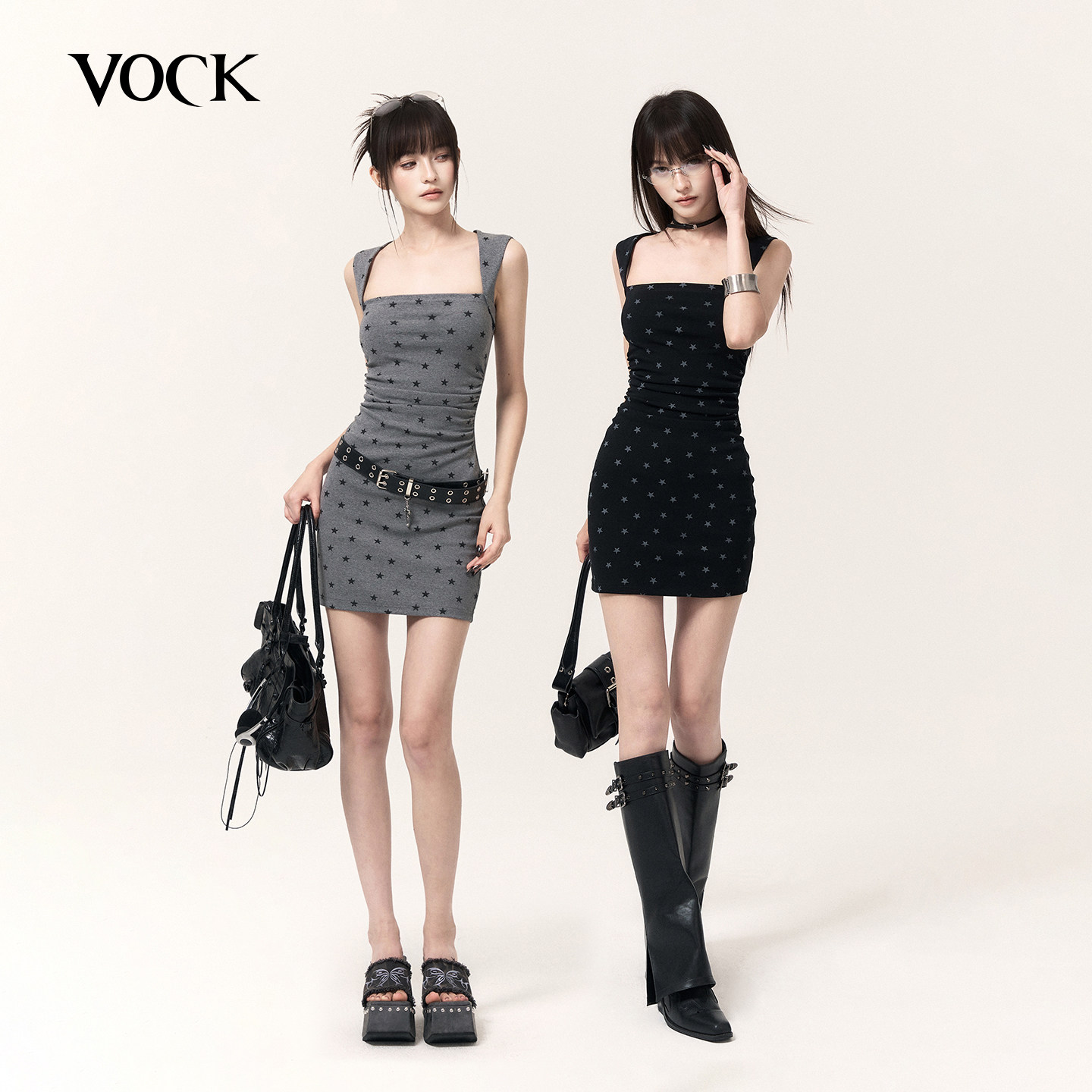 VOCK 涩谷来电 古早辣妹方领修身显瘦包臀裙星星印花针织连衣裙子