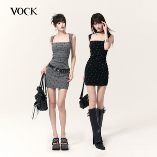 VOCK 涩谷来电 古早辣妹方领修身显瘦包臀裙星星印花针织连衣裙子