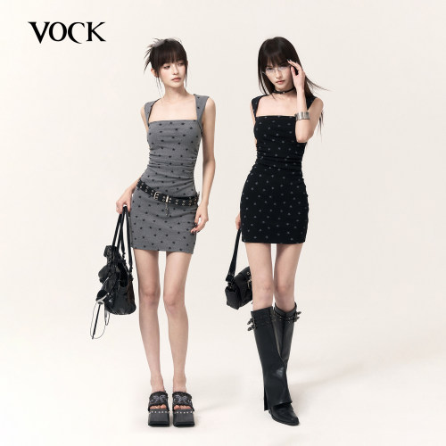 VOCK 涩谷来电 古早辣妹方领修身显瘦包臀裙星星印花针织连衣裙子