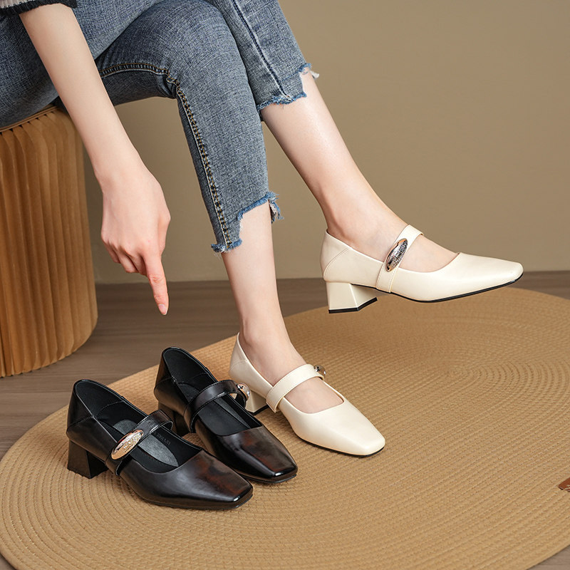 粗跟米色高跟鞋女2025春秋新款法式方头浅口一字扣水钻玛丽珍单鞋,女鞋,玛丽珍鞋,淘宝优惠券,粉丝福利购,淘宝优惠卷
