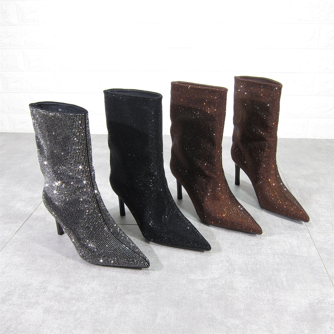 欧美闪耀水钻高跟靴时装靴25秋冬尖头套筒黑色显瘦马丁靴裸靴短靴