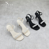 一字带高跟凉鞋 仙女风潮 淑女超火2023新款 女细跟夏黑色法式 女时装