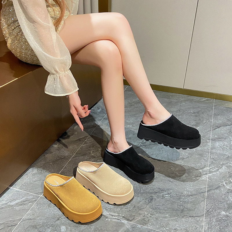 时尚复古包头半拖鞋女2025春夏新款磨砂勃肯鞋厚底增高6CM懒人鞋