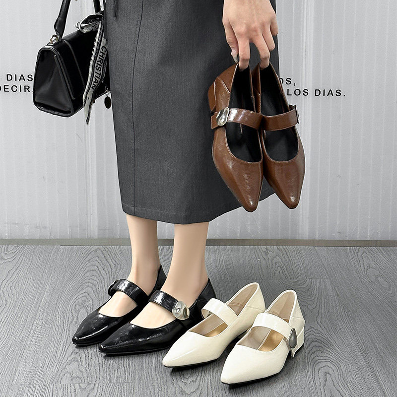 法式粗跟单鞋女2025年春秋新款金属扣软皮尖头浅口一字带玛丽珍鞋,女鞋,玛丽珍鞋,淘宝优惠券,粉丝福利购,淘宝优惠卷