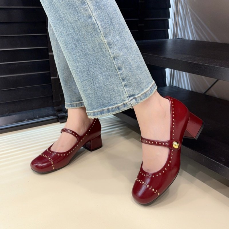 欧美浅口百搭铆钉通勤玛丽珍高跟鞋女方头粗跟一字扣复古春秋单鞋,女鞋,玛丽珍鞋,淘宝优惠券,粉丝福利购,淘宝优惠卷