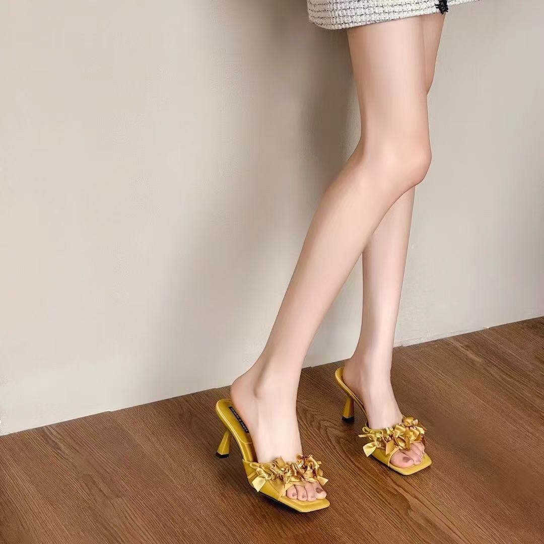 水晶拖鞋女夏外穿时尚仙女法式露趾高跟鞋细跟凉鞋花朵高级感凉拖