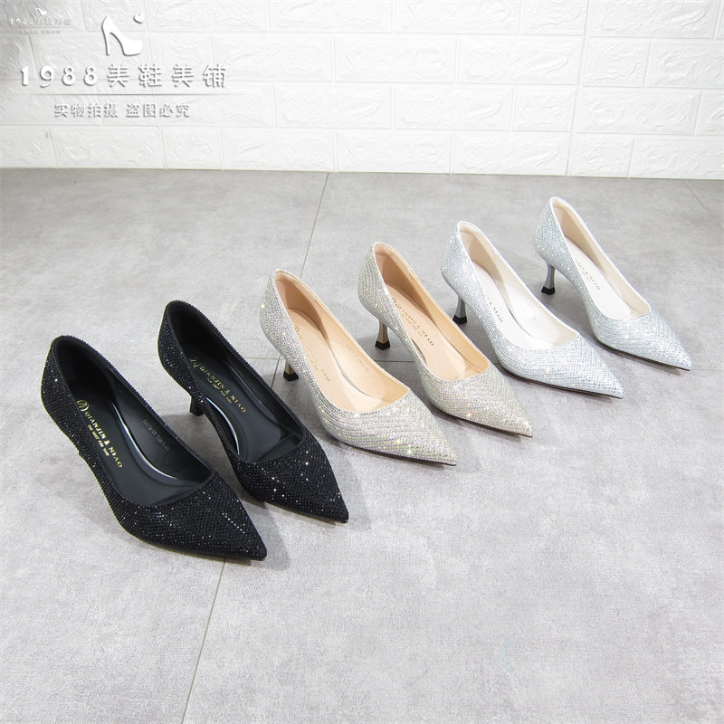 百搭水钻水晶尖头高跟鞋中跟鞋