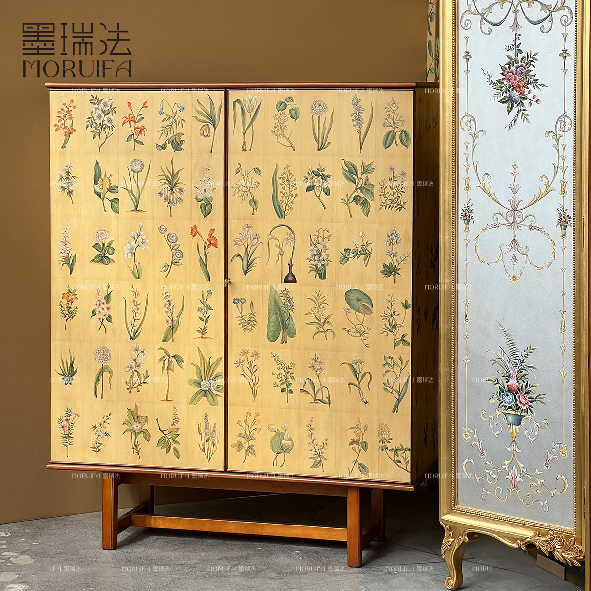 墨瑞法复古植物花卉彩绘木质双门储物柜vintage家用中古陈列柜