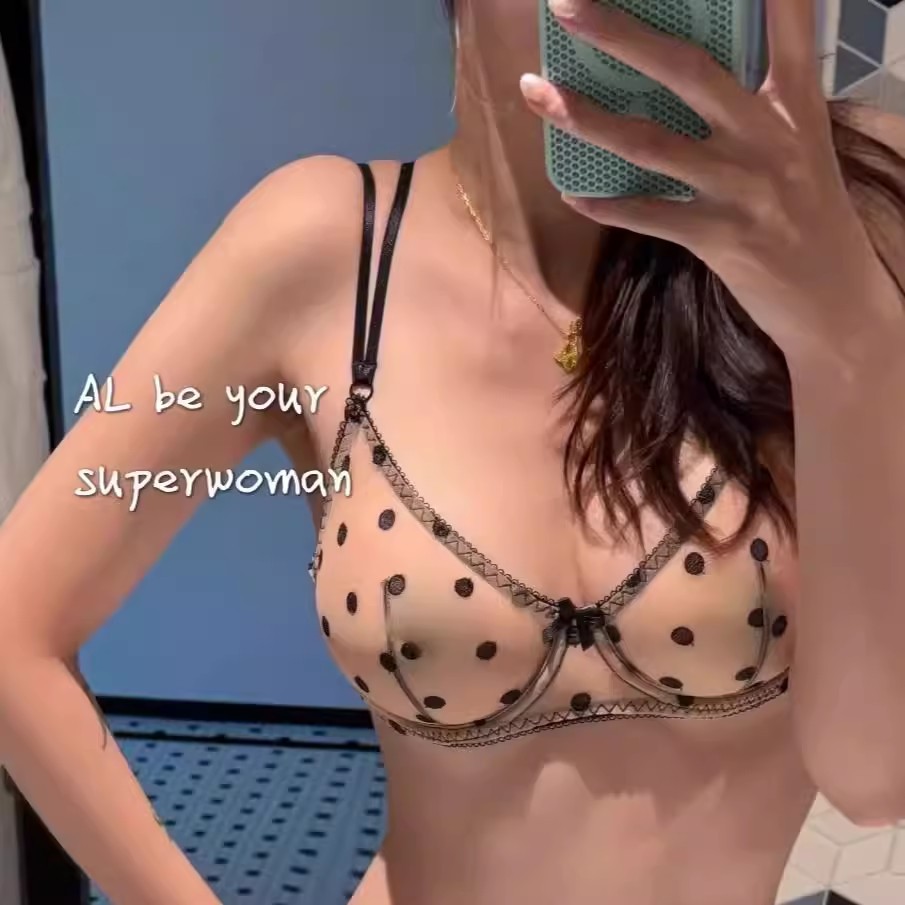欧美法式性感超薄波点内衣女有钢圈大胸显小聚拢提拉上托文胸套装