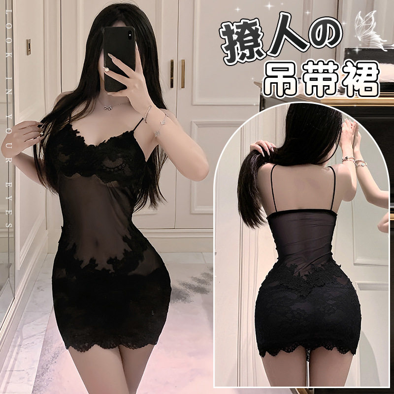跨境大码法式透视蕾丝网纱性感情调内衣女纯欲胖mm睡裙紧身包臀裙