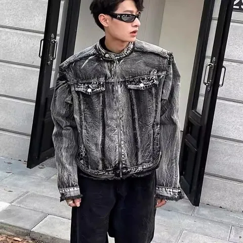 工装牛仔衣美式夹克毛边土风短款复古男款穿搭废垫肩男模牛仔外套