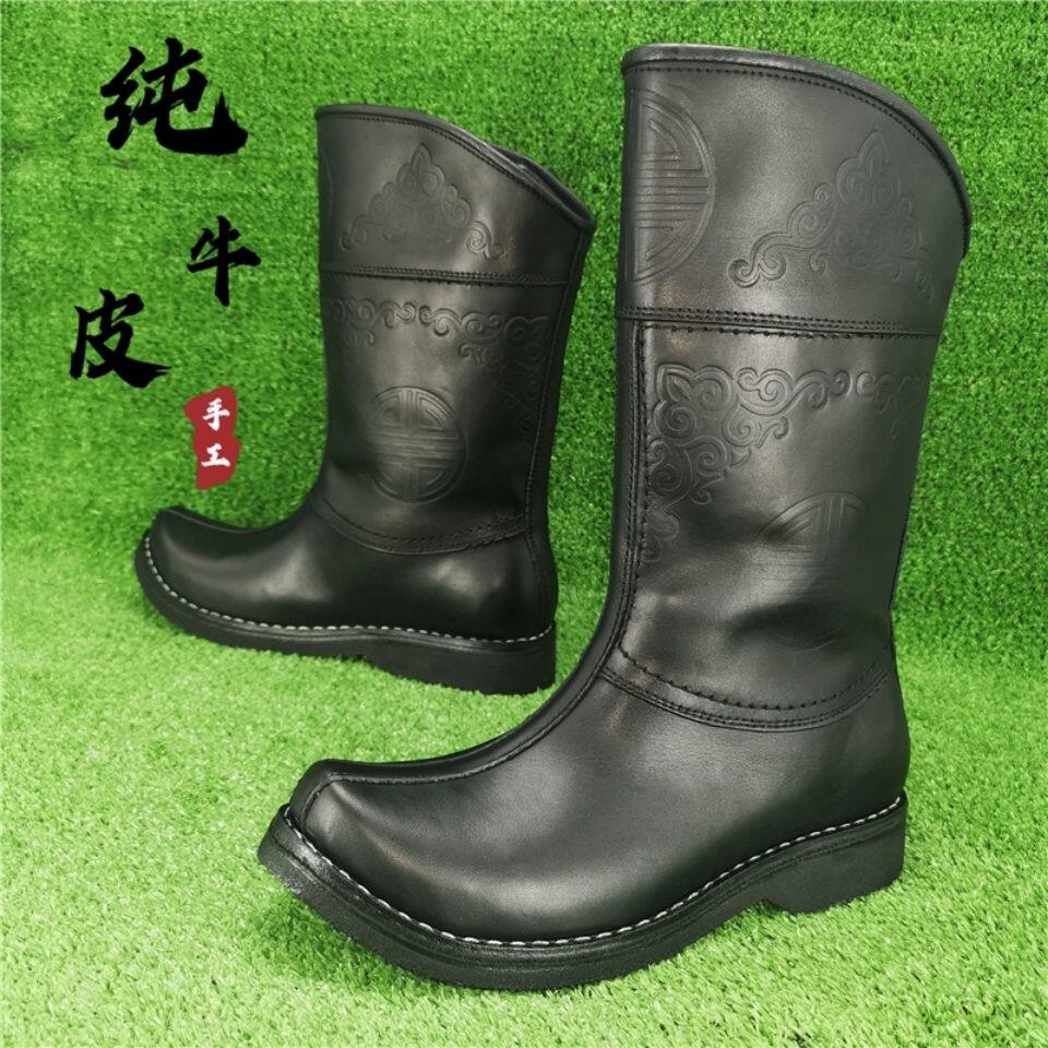 骄鹰男正面牛皮中筒烫花黑色尖头皮靴户外原创复古手工缝制蒙古靴