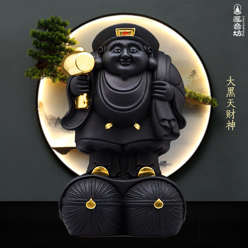黑色大黑天财神树脂炭黑日式密宗举锤布袋大黑天财神居家店堂摆件