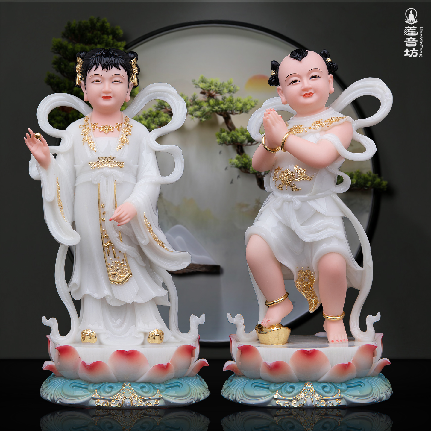 汉白玉金童玉女善财龙女童子彩绘树脂佛像居家用供奉摆件