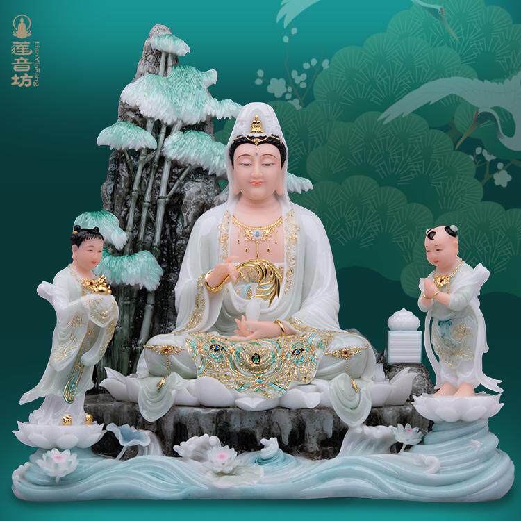 汉白玉观音菩萨家用观音佛像南海观世音童子龙女紫竹林摆件