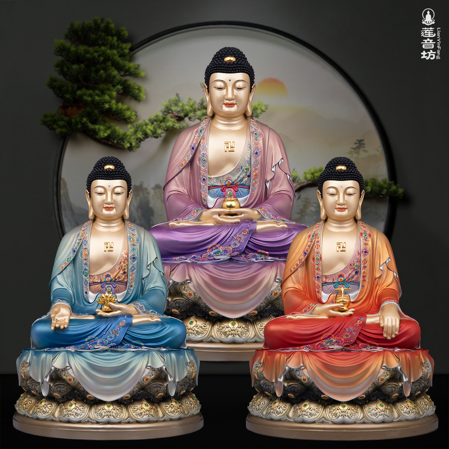 三宝佛铜像坐释迦佛摆件