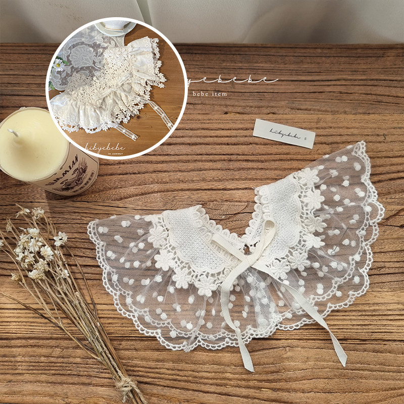 韩国进口童装公主婴幼儿蕾丝绣花边蝴蝶结系带女宝宝娃娃领假领子