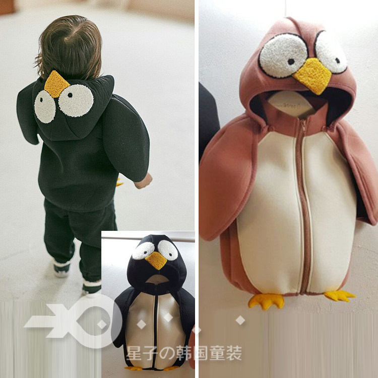 现货韩国进口童装18秋婴幼儿童男女宝宝卡通连帽企鹅披风外套3539
