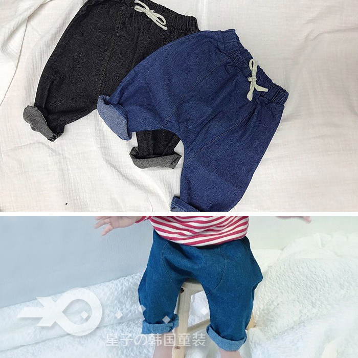 现货韩国幼儿童裤子秋季男童女童儿童宝宝黑色系带大pp牛仔裤跨裤