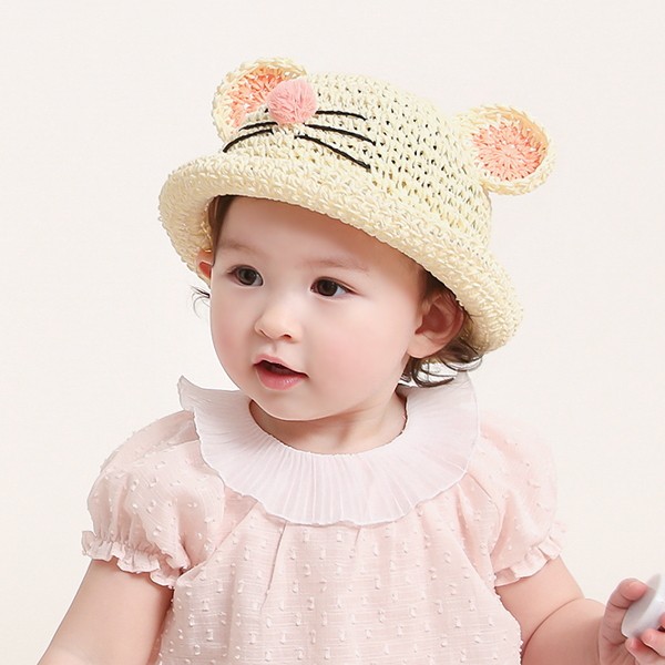 现货韩国婴幼儿童草帽进口童装夏季宝宝猫咪耳朵沙滩帽渔夫遮阳帽