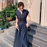 港风复古深蓝色连衣裙女2025夏季新款气质高级感收腰显瘦v领长裙，商品下架区，浙宝133