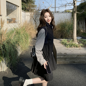 大货已出 春季新款拼接格子无袖背心裙抽绳连衣裙7281-P135控218，女装连衣裙，浙宝133