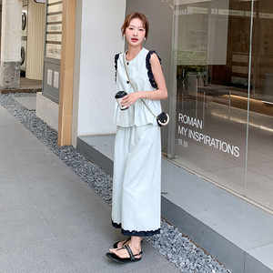 木耳边拼接牛仔马甲套装女2025夏季新款韩系休闲减龄阔腿裤两件套图片
