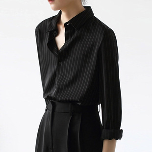 衬衣职业装 女高级OL通勤正肩面试长袖 上衣黑白色条纹衬衫 早秋新款