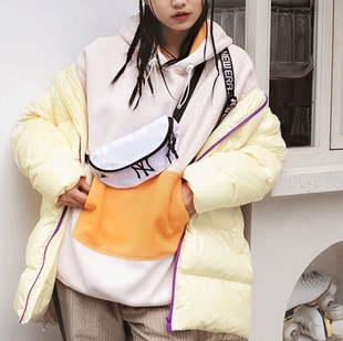 NEW ERA正品潮牌加长款男女情侣加厚保暖拼色亮面立领运动羽绒服