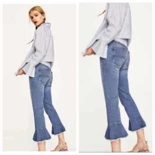 女装 弹力大码 高腰荷叶边喇叭裤 女八分裤 209格 牛仔裤 出口外贸.