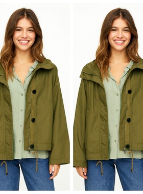 纯棉外贸卡其布连帽外套女做旧工艺宽松版型休闲上衣大码158格