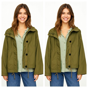 纯棉外贸卡其布连帽外套女做旧工艺宽松版型休闲上衣大码158格