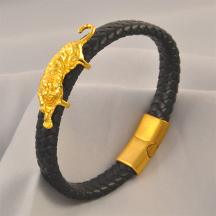 新款黑色编织老虎男款手链时尚百搭猛虎手环仿真黄金色手饰送男友
