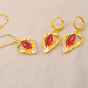 新款爱心女款项链耳环+吊坠套装时尚百搭锁骨链仿真黄金款送女友