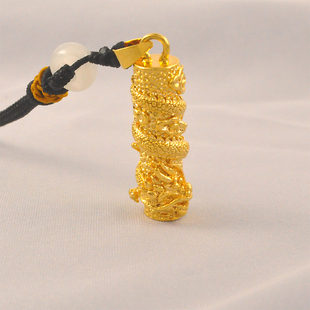 镀24K金色生肖龙沙金吊坠复古男款项链坠个性实心龙盘柱节日礼物