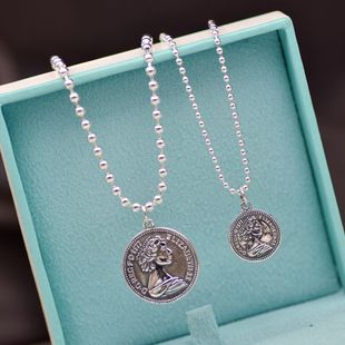 S925纯银复古硬币项链锁骨链东大门简约银牌银珠圆珠毛衣链礼物